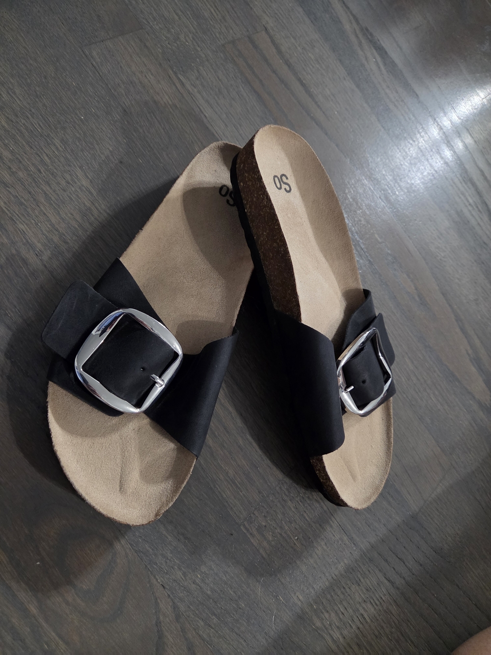 SO Black Single-Buckle Cork Footbed Sandals